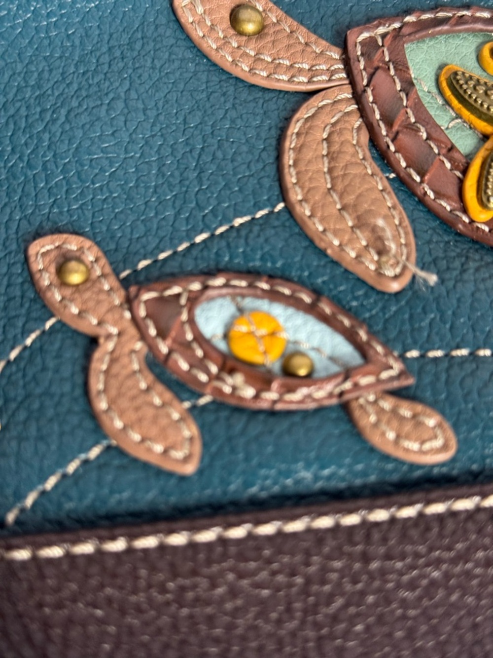 Chala Teal & Brown Floral Appliqué Shoulder Bag Sea Turtles adjustable strap